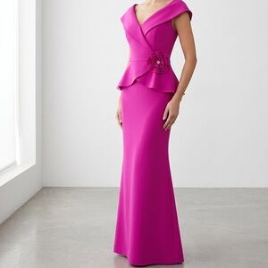 Jessica Howard Fuchsia Sleeveless Peplum Maxi Dress with Flower Accent